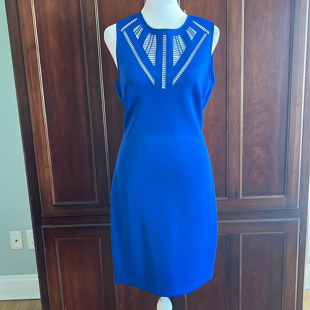 Guess Cocktail Dress. Sleeveless Sheath Dress in Royal Blue w/Laser Cut Detail.